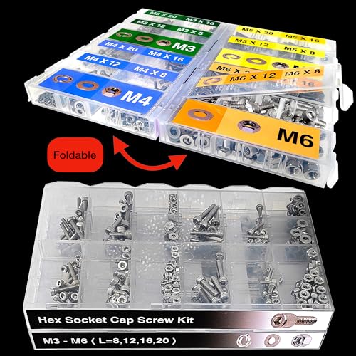 EEEEE 880PCS Metric M6 M5 M4 M3 Metric Bolt Assortment Metric Screws Assortment kit 16 Sizes Set Hex Socket Head Cap Screw 304 Stainless Steel Assorted Nuts and Bolts Washer - size: M3 M4 M5 M6 880 pieces