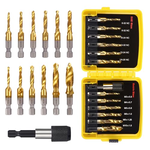 13PCS Titanium Drill Tap Set, HSS SAE & Metric Drill and Tap Bits - style: 13pcs-Yellow