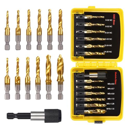 13PCS Titanium Drill Tap Set, HSS SAE & Metric Drill and Tap Bits - style: 13pcs-Yellow