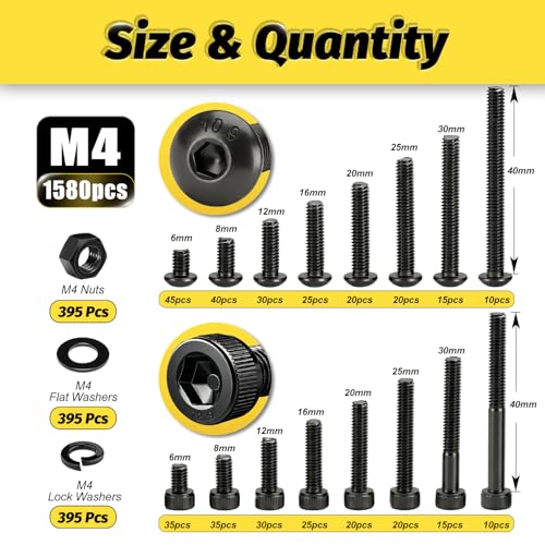 1580PCS M4 Hex Socket Cap Head & Button Head Screws and Nuts Kit - size: M4 1580Pcs 6-40mm