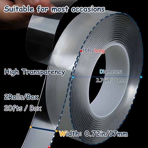 Valley'sYuMiao 2Rolls, Nano Double Sided Mountinging Tape, Adhesive-self Heavy Duty Tape, 2 Sides Sticky Tack Tape for Painted Walls AC Hanging Clear, 0.7in×10fts, 20fts Total Long - size: 2Rolls, 0.7″, 20fts TL