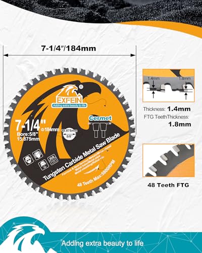 Metal Cutting Saw Blade 7-1/4 Inch 48T for Rebar, Angle Iron, Pipes, Channels, Ceramic Cemented Carbide with 5/8" Arbor, 2-Pack - size: 7-1/4"