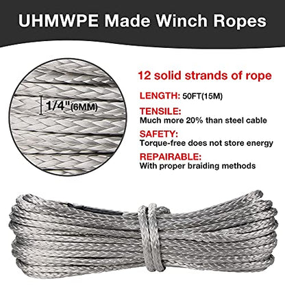1/4" Synthetic Winch Rope 50 ft 10,000 lb UHMWPE Winch Cable Replacement Kit with Protective Sleeve, Thimble, Compatible with ATV UTV Truck Winches, Gray - color: Gray, size: 1/4 In x 50 Ft Standard