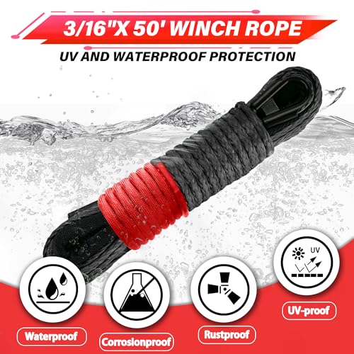 TYT Off-Road Winch Rope Kit - 3/16''x50', 8500 Lbs Black Synthetic Cable with Protective Sheath, Heavy-Duty Hook, Safety Pull Strap & Rubber Stopper Ideal for 4WD ATV UTV Vehicles, Grey, (JPS3650IG) - color: Grey, size: 3/16''x50'