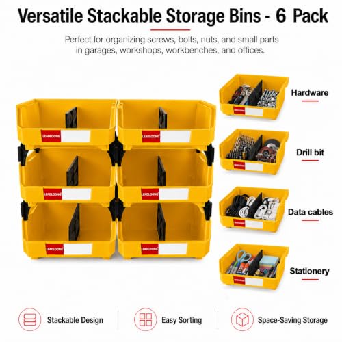 6 Pack Stackable Storage Bins Heavy Duty Parts Organizer Yellow - color: Yellow-6 Pack, size: 11"x11"x5"