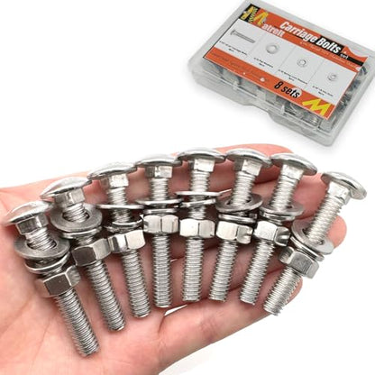 8 Sets 5/16"-18 x2 Carriage Bolts Round Head Square Neck Screws with Hex Nuts Flat Washers Spring Lock Washers 304 Stainless Steel Full Thread Coverage Square Neck Bolts Assortment Kit - size: 5/16"-18 x2"-8 Sets