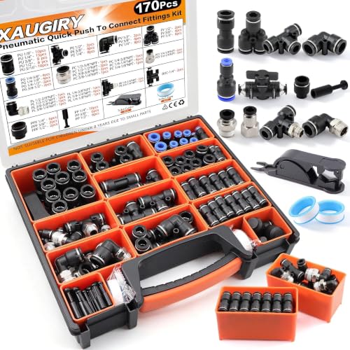 170Pcs Push to Connect Fittings Kit,1/4"5/16"1/2"3/8"1/8"OD Air Fittings - color: 170Pcs-black