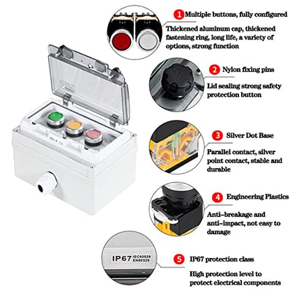 Push Button Switch Box Red Green Yellow Momentary Waterproof 6A 110V 22mm - color: Green/yellow/red button