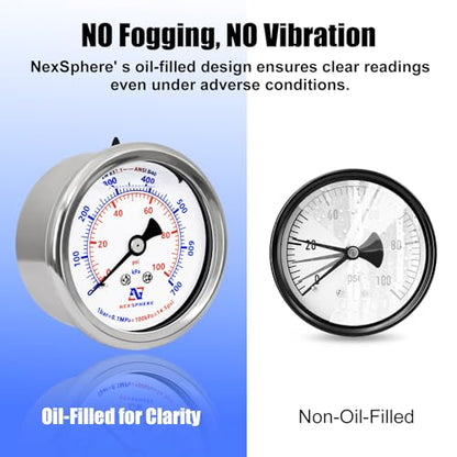 0-100 PSI Air Pressure Gauge, 2" Dial Liquid Filled Back Mount Gauge, 1/4" NPT Brass Connection, 304 Stainless Steel Case, IP67 Waterproof, for Air Compressor, Regulator, Gas & Water - size: 0-100 PSI, style: Back Mount