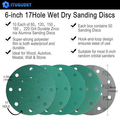 6 Inch 17 Hole Zirconia Hook & Loop Sanding Discs Assortment - 80, 120, 150, 180,220 Grit (10/Each), Heavy-Duty Polyester Film Backing, Wet Dry Anti-Clog for Random Orbital Sanders - 50 Pack - color: Mixed Grit, size: 6 Inch 17 Hole