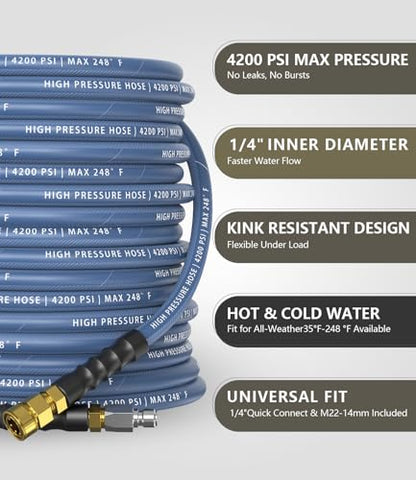 Pressure Washer Hose 100FT with 3/8'' Quick Connect, 4200 PSI - color: Blue, size: 100FT