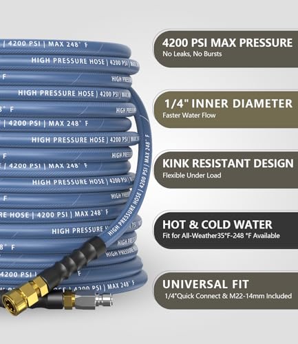Pressure Washer Hose 100FT with 3/8'' Quick Connect, 4200 PSI - color: Blue, size: 100FT