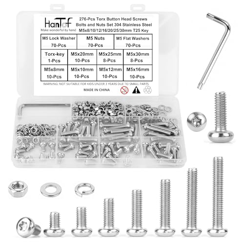276Pcs M5 Torx Bolts and Nuts Set, Round Head Torx Screws Bolts, Pan Head Machine Screws, Security Anti-Theft Screw, 304 Stainless Steel, Full Thread Pitch : 0.8 mm, with T25 Wrench. - color: Stainless Steel, size: M5 Torx Pan Kit