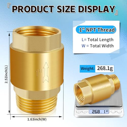 Boltigen 1" Brass Check Valve, NPT Spring One-Way Backflow Preventer - size: 1" Female * 1'' Male