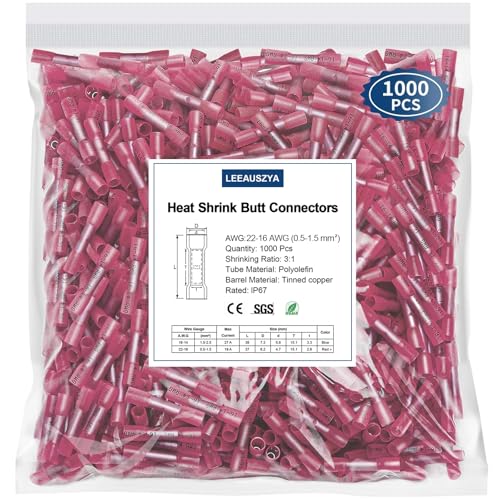 1000 Pcs Heat Shrink Butt Connectors, 22-16 AWG Waterproof Electrical Insulated Crimp Wire Splice for Boats, Automotive, Marine, Home, Garage, Industrial Wiring - size: Red 1000 PCS
