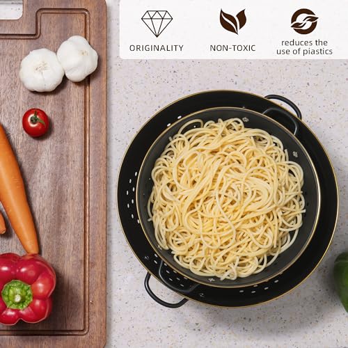 Metal Colander Set of 2, Strainer Basket with Handles perfect for Spaghetti, Pasta, Berry, Vegetable, Fruit, Solid Base Powder Coated Self-draining Kitchen Colander Bowel, 3.5 & 5 Qt, Matte Black - color: M-BLACK