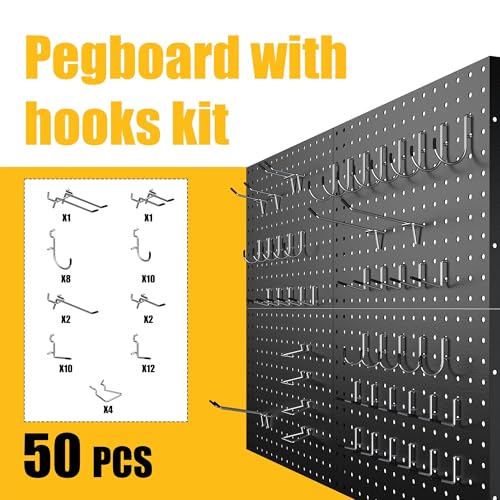 Spampur Peg Board, 4 Pack Metal Black Pegboard Panels with 50 Hooks - color: Black, size: 16x12"- 4 Pcs
