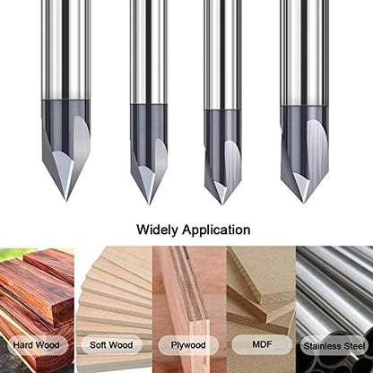 4Pcs Carbide Chamfer End Mill V Groove Router Bit 60 Degree and 90 Degree - size: 5/32" & 1/4", 60 & 90 Degree