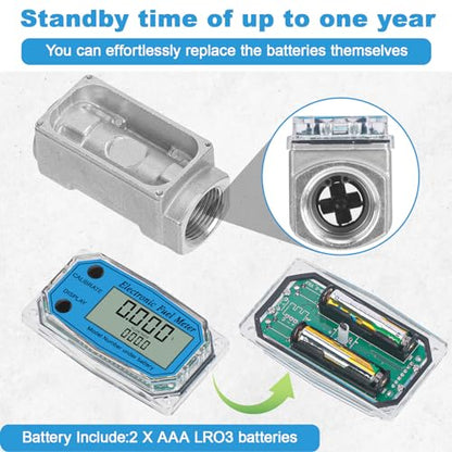 1" 2.6-26 GPM Inline NPT Thread Flowmeter, Digital Turbine Fuel Flow Meter, for Water, Diesel, Gas Oil, Gasoline, and Other Liquids - Supports Gallon, QTS, PTS, L, m³ with 3/4 in Adapters - size: 1 inch & 3/4 inch
