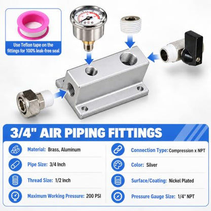 3/4" shop air line kit with Pressure Gauge, 2Port Aluminum Manifold - color: with Pressure Gauge