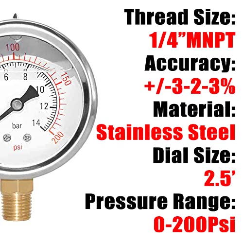 2-1/2" Dial 1/4" NPT 0~200Psi 304 Stainless Steel Glycerin Filled Pressure Gauge Bottom Mount - size: 0-200Psi (liquid filled), style: Lower Mount-1/4"NPT