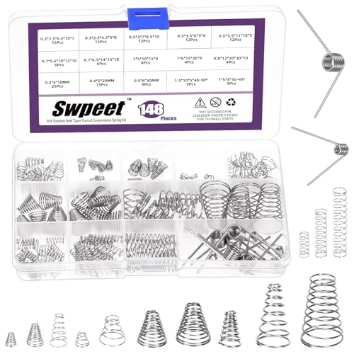 Swpeet 148Pcs 3 Styles Stainless Steel Compression Springs Assortment Kit, 0.3/0,5/0.7/0.8/1 mm Conical Spring Compressed Spring, 0.3/0.4/0.5 mm Compression Springs, 1.5mm-45/90 Degree Torsion Spring - size: N1