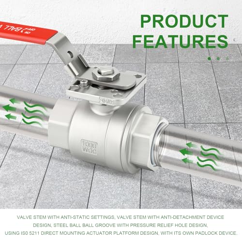TAISHER 1PCS 1-1/4" FNPT Heavy Duty 2PC High Platform Ball Valve 304 Stainless Steel with Red Handles W0G1000 - size: 1-1/4" FNPT