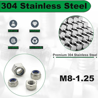 M8 1.25 Locknuts Metric Nylon Inserted Hex Lock Nuts - size: M8-Stainless Steel