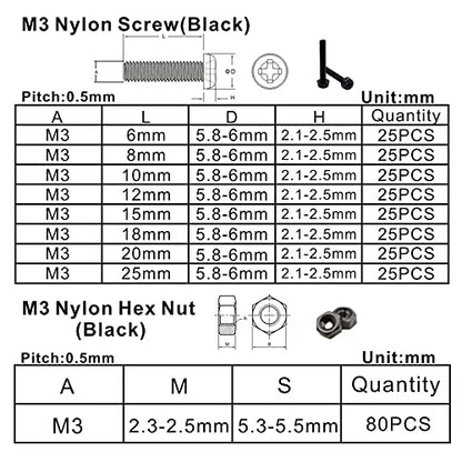 Metric M3 Black Nylon Phillips Pan-Head Screws, Nuts & Washers Kit - color: Black-M3