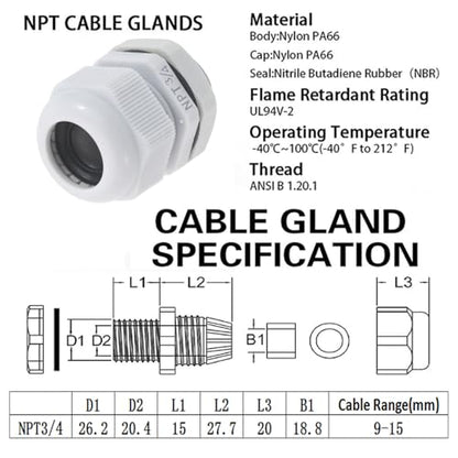 PENGLIN 10PCS Waterproof 3/4" NPT Grey Nylon Cable Gland Strain Relief - color: Grey, size: 3/4 Inch (10-Pack)