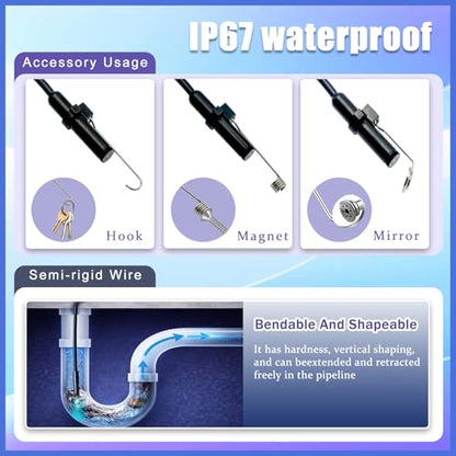 Industrial Endoscope Camera, 1920P HD Borescope with 8 Adjustable LED Lights, IP67 Waterproof Semi-Rigid Cable, for Car Repair, Pipe Inspection, Home Appliance Maintenance, iOS & Android