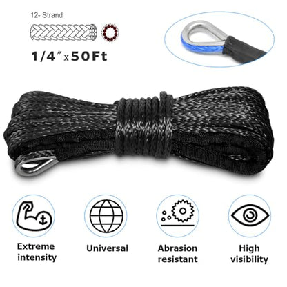 1/4'' x 50 Ft Car Synthetic Winch Rope Kit, 10000LBS Heavy Duty Vehicle Winch Cable with Protecting Sleeve and Thimble, Automotive Accessories, Universal for Off Road ATV UTV (Black) - color: Black/1/4''x50Ft