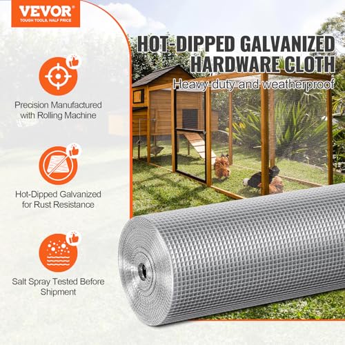 VEVOR Hardware Cloth, 1/4 inch 36in x 50 ft 23 Gauge, Hot Dipped Galvanized Wire Mesh Roll, Chicken Wire Fencing, Wire Mesh for Rabbit Cages, Garden, Small Rodents - size: 36'' x 50'