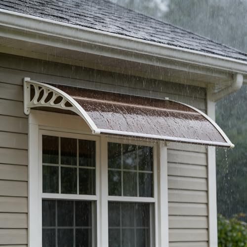 58.5x35 Inch Patio Window Awning Shade, Polycarbonate Door Entrance Canopy Cover Protection for Sunshine & Rain, Tea with White Edge - color: White + Tea
