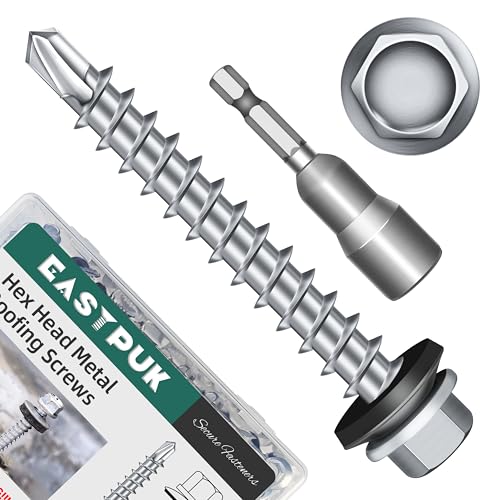 100-pack #10 x 1-1/2 Hex Head Self-Drilling Metal Roofing Screws with EPDM Washer, Zinc Plated Wood Screws, Self Tapping Sheet Metal Roof Screws (Diamond Point) - color: Silver, size: #10 x 1-1/2"