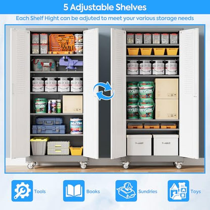 Reemoon 71" H Metal Garage Storage Cabinet with Wheels,Grey&White - color: White, size: 31.5" W x 16" D x 71" H