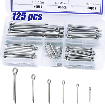 125pcs Cotter Pin Assortment Kit, 6 Sizes 304 Stainless Steel Cotter Pins Set, Split Pin Fastener Clips for Car Mechanics, Lawn Mowers, Trucks, Tractors Repair - size: 125PCS