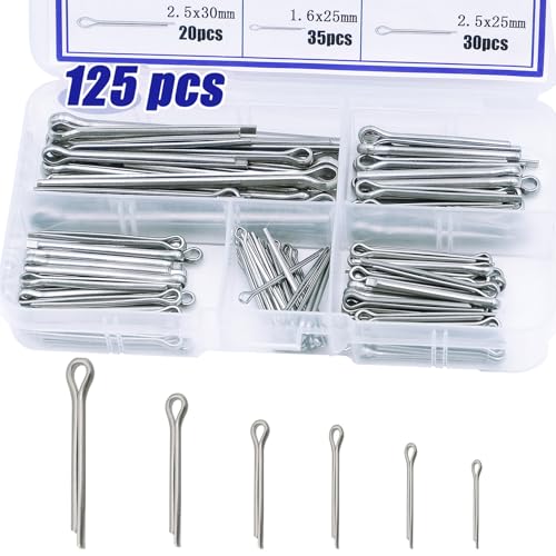 125pcs Cotter Pin Assortment Kit, 6 Sizes 304 Stainless Steel Cotter Pins Set, Split Pin Fastener Clips for Car Mechanics, Lawn Mowers, Trucks, Tractors Repair - size: 125PCS