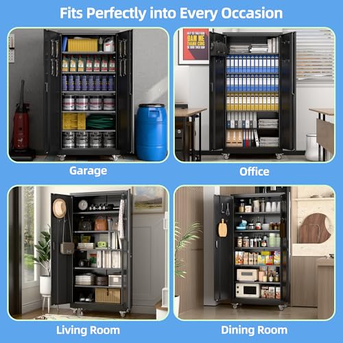 Aobabo Black Metal Garage Storage Cabinet with Wheels, 34"W x 18"D x 71"H - color: Black, size: 18"D x 34"W x 71"H