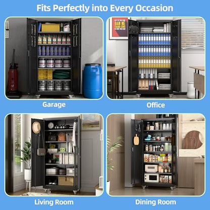 Aobabo Black Metal Garage Storage Cabinet with Wheels, 34"W x 18"D x 71"H - color: Black, size: 18"D x 34"W x 71"H