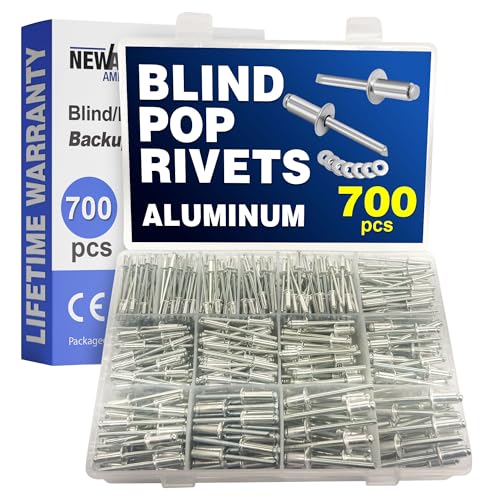 New Age America® 700pcs Blind Pop Rivets & Backup Washers | 3/32" to 1/4" | Silver | 14 Sizes | SAE Size Aluminum Rivets & 304 Stainless Steel Backup Washer | Rivet Kit w Steel Mandrel | Labelled Case - color: Silver, size: 700 PCS Rivets & Washers