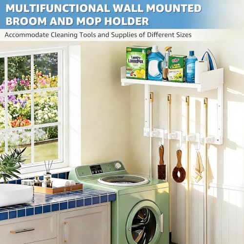 Mop Broom Holder Wall Mount with Top Shelf, Broom Organizer Wall Mount - color: White, size: Small