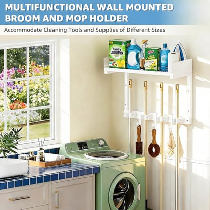 Mop Broom Holder Wall Mount with Top Shelf, Broom Organizer Wall Mount - color: White, size: Small