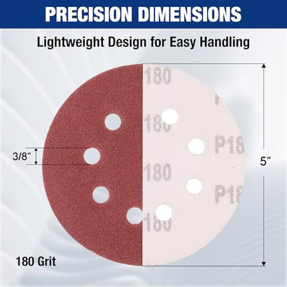 WORKPRO Sanding Discs, 5-Inch 180 Grit 8-Hole Hook and Loop, 50 Pack - style: 50PCS 5 Inch 180 Grit