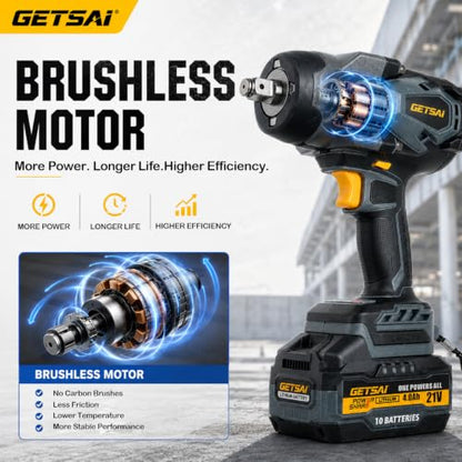 1/2 Impact Gun, 1400N.m (1032Ft-lbs) Super High Torque Impact Wrench with 2 x 4.0Ah Batteries, 21V Cordless Brushless Power Pistola Llave De Impacto with 10 Sockets for Car/Pickup Truck/Mower
