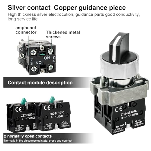 2-Pack Black 3-Position Metal Head Selector Switches, 2NO - style: Black 3-Position Selector Switch 2NO