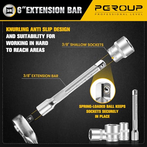 20PCS 3/8" Drive Metric Socket Wrench Set, 90-Tooth Reversible Ratchet Handle，6 Point Shallow Sockets (6-24mm) and Extension Bar 6", CR-V Steel, Tool Set For Car,Motorcycle,Bike Repair - size: 20P 3/8 inch(6-24mm)