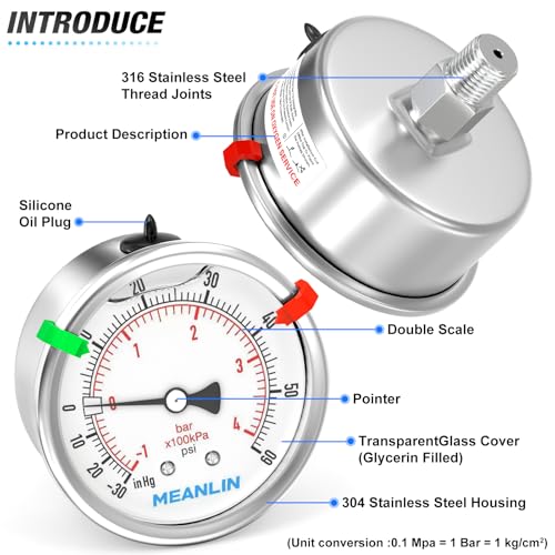 MEANLIN MEASURE -30inHG~60Psi Vacuum Pressure Gauge 316 Stainless Steel Joint 1/4"NPT 2.5"FACE DIAL, Liquid Filled Pressure Gauge WOG Water Oil Air Back Mount with Stainless Steel Hex Bushing, Snaps - size: -30inHG-60Psi, style: Back Mount
