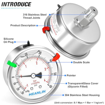 MEANLIN MEASURE -30inHG~60Psi Vacuum Pressure Gauge 316 Stainless Steel Joint 1/4"NPT 2.5"FACE DIAL, Liquid Filled Pressure Gauge WOG Water Oil Air Back Mount with Stainless Steel Hex Bushing, Snaps - size: -30inHG-60Psi, style: Back Mount