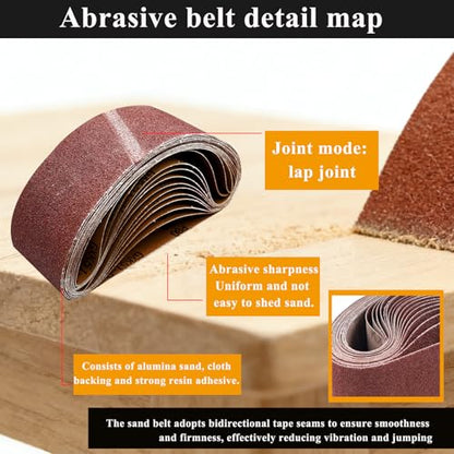 3x21 Inch Sanding Belts, 12-Pack, 80/120/150 Grit Mixed
